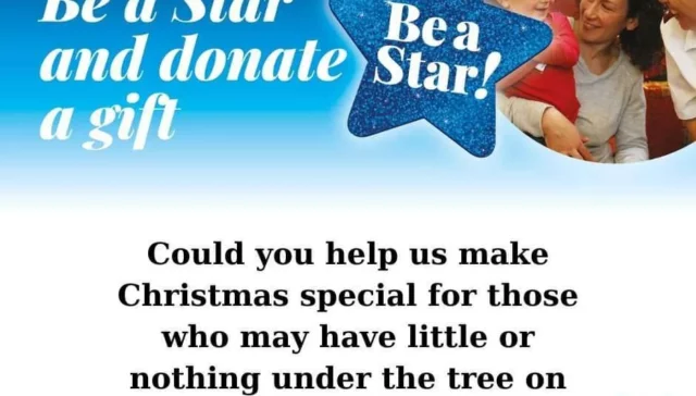 Picture: A smiling family. Text: Be a Star and donate a gift. Coul dyou help us make Christmas special for those who may have little or nothing under the tree on Christmas morning?