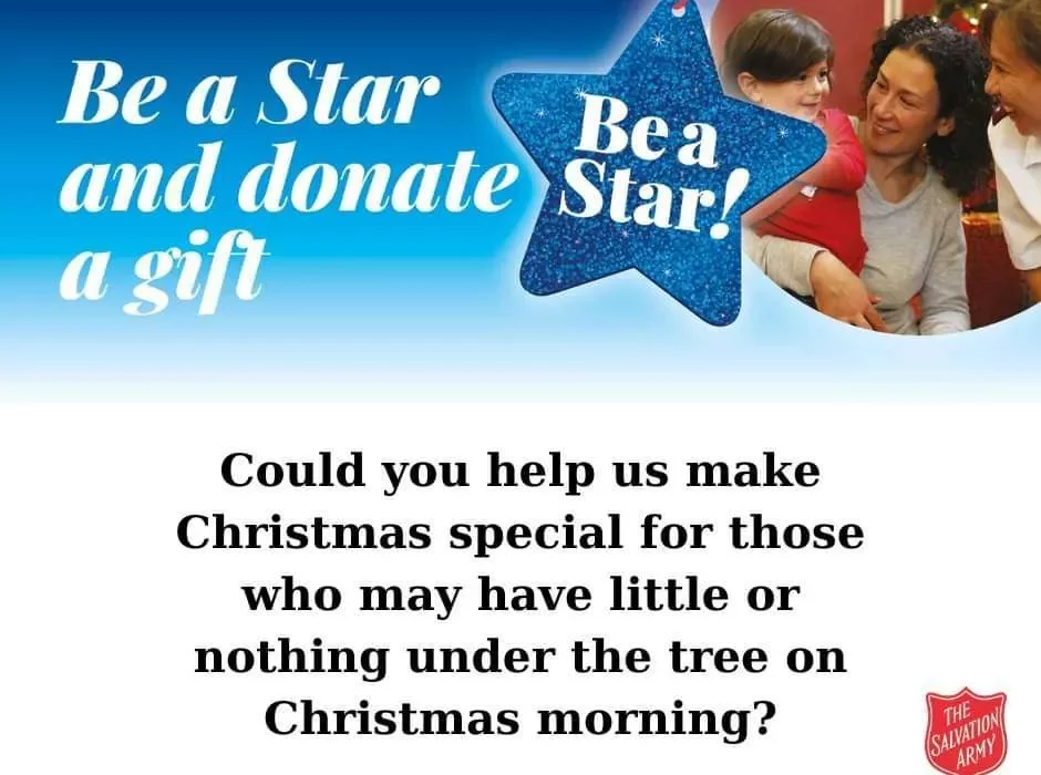 Picture: A smiling family. Text: Be a Star and donate a gift. Coul dyou help us make Christmas special for those who may have little or nothing under the tree on Christmas morning?