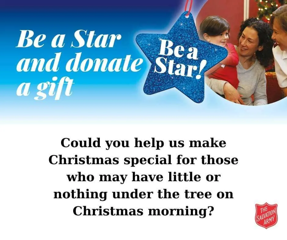 Picture: A smiling family. Text: Be a Star and donate a gift. Coul dyou help us make Christmas special for those who may have little or nothing under the tree on Christmas morning?