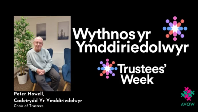 Image: Peter Howell, Chair of Trustees. Text Logos: Wythnos Yr Ymddiriedolwyr - Trustees Week