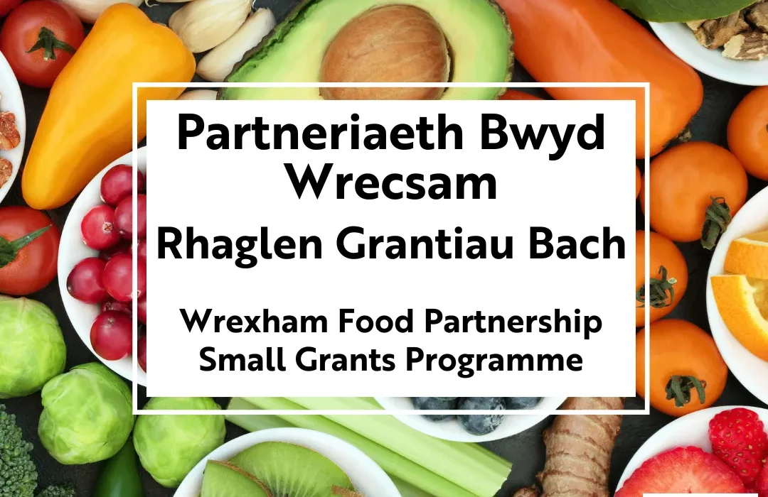 Partneriaeth Bwyd Wrecsam / Wrexham Food Partnership Rhaglen Grantiau Bach / Small Grants Programme Text on a background of fruits and nuts.