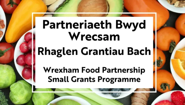 Partneriaeth Bwyd Wrecsam / Wrexham Food Partnership Rhaglen Grantiau Bach / Small Grants Programme Text on a background of fruits and nuts.