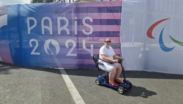 ShopMobility in Paris with Paula Fortune on a boot scooter