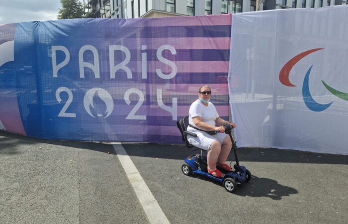 ShopMobility in Paris with Paula Fortune on a boot scooter