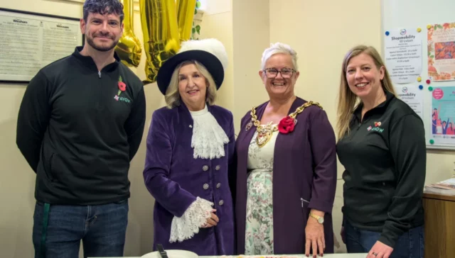 Shopmobilty 10 Years Celebration - David McDonald, High Sheriff of Clwyd Julie Gillbanks, Mayor of Wrexham Cllr Tina Mannering, Chief Officer of AVOW Dawn Roberts-McCabe