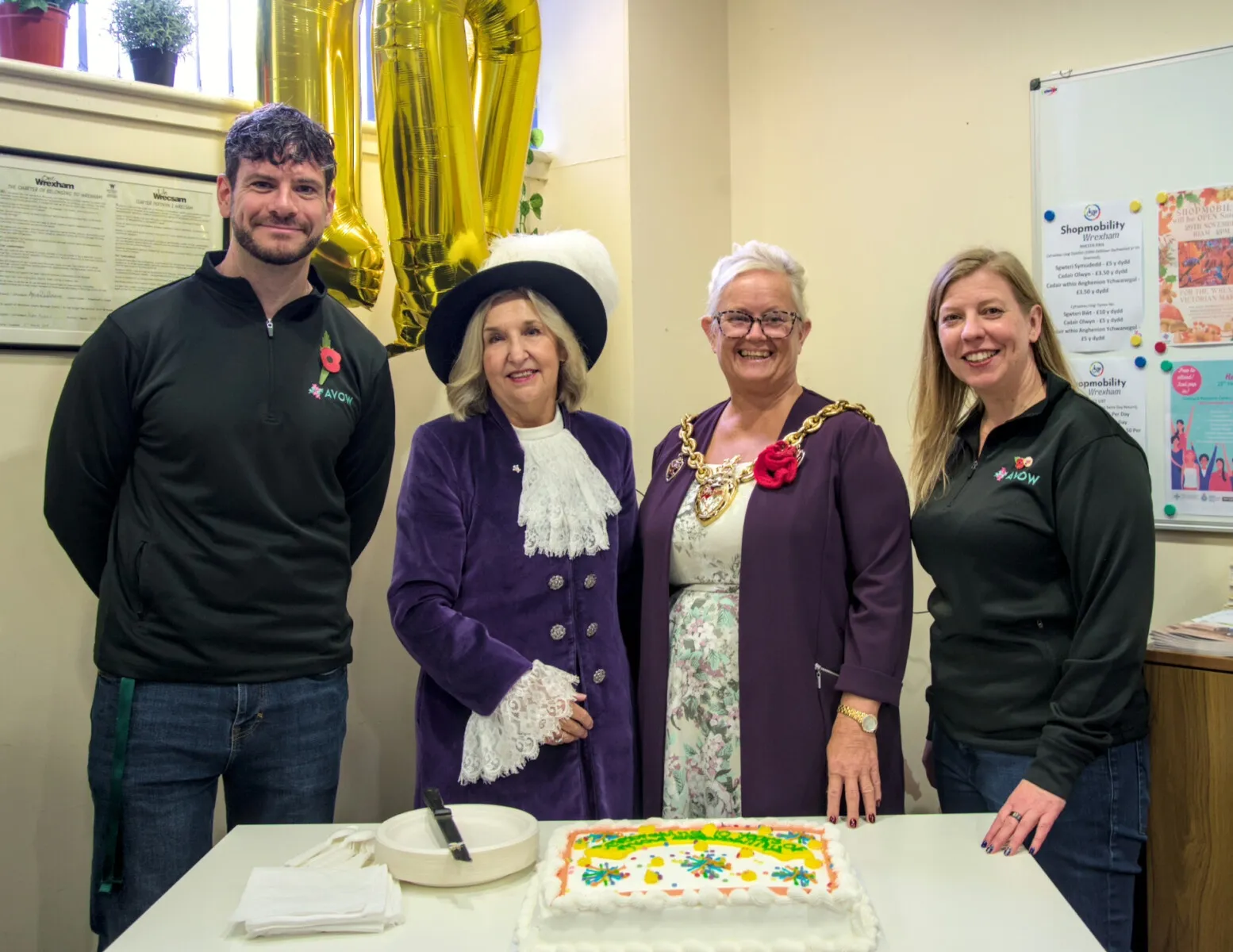 Shopmobilty 10 Years Celebration - David McDonald, High Sheriff of Clwyd Julie Gillbanks, Mayor of Wrexham Cllr Tina Mannering, Chief Officer of AVOW Dawn Roberts-McCabe