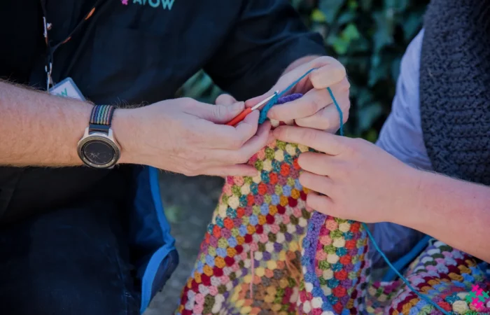 Intergenerational Week - Erddig - Phil learning to Crochet