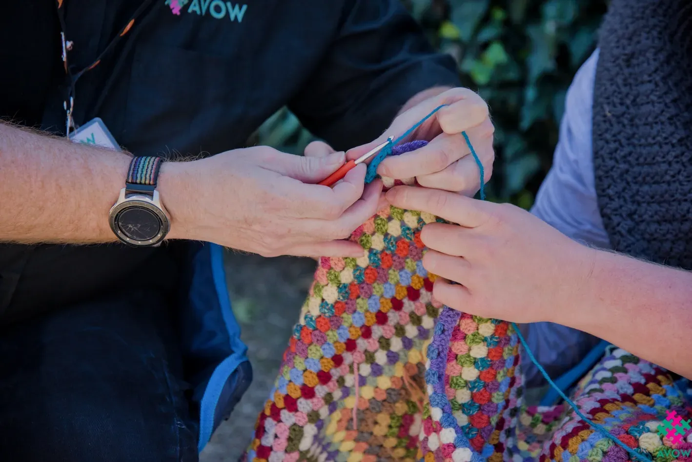 Intergenerational Week - Erddig - Phil learning to Crochet